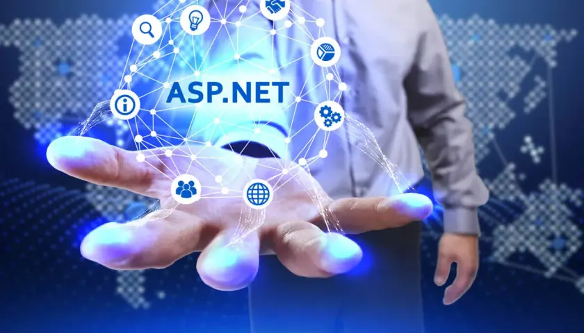 Dłoń trzyma sieć symboli, z napisem ASP.NET w centrum.