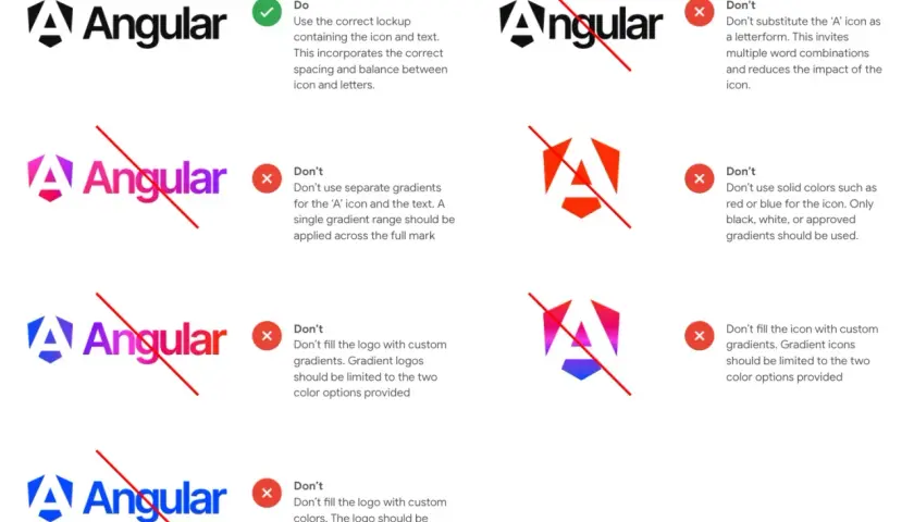 Wytyczne dotyczące logo Angular: prawidłowe użycie ikony i tekstu, unikanie niestandardowych gradientów i kolorów.
