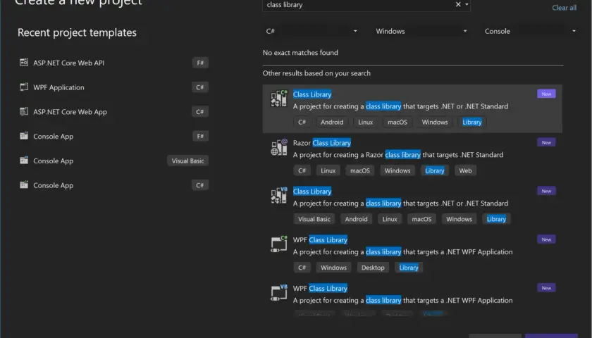 Szukamy szablonu "class library" do tworzenia bibliotek klas. Widoczne są różne opcje, w tym dla .NET, Razor i WPF.