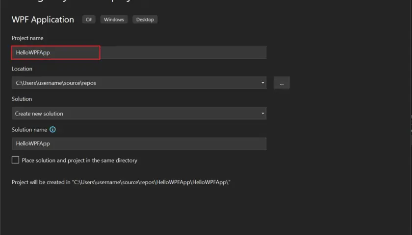 Konfiguracja projektu WPF. Nazwa projektu "HelloWPFApp" jest gotowa do rozpoczęcia wspaniałego wpf tutorial.