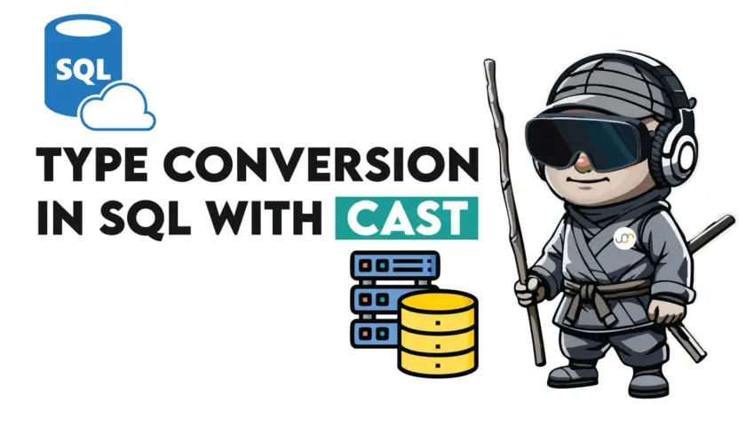 Mistrz ninja z mieczem i kijem uczy konwersji typów w MSSQL z użyciem CAST. Ikony baz danych i chmury SQL.