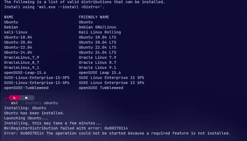 Próba instalacji Ubuntu przez WSL na Windows 11 zakończona błędem 0x80370114.