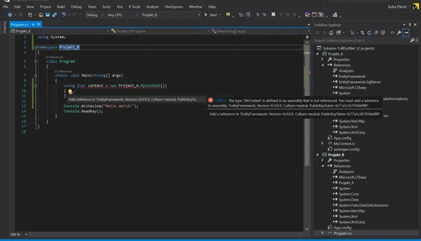 Błąd kompilacji CS0012: typ 'DbContext' zdefiniowany w nieodwołanym zestawie. Brak odwołania do EntityFramework.
