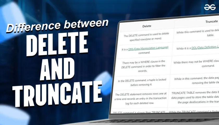 Porównanie poleceń SQL: DELETE usuwa wiersze, TRUNCATE usuwa całą tabelę.