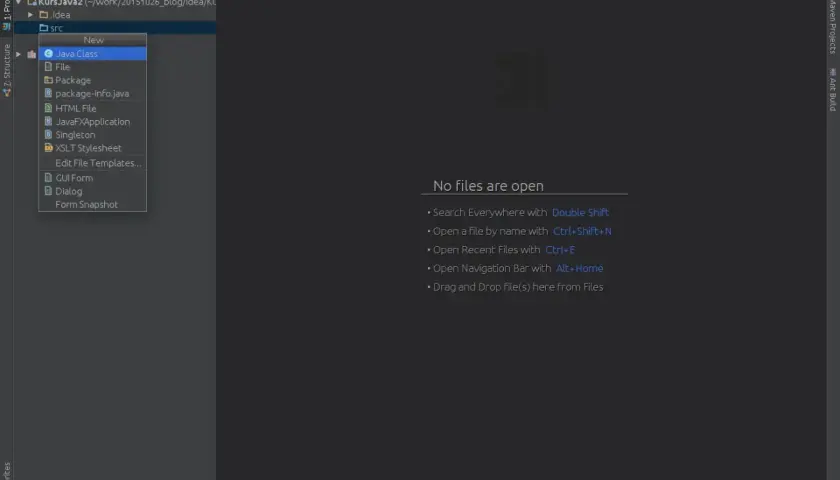 Menu kontekstowe w IntelliJ IDEA, gdzie można wybrać "Java Class" do stworzenia nowej klasy.