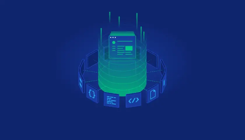 Abstrakcyjny koncept wizualizujący rozwój wpf application. Wokół centralnego, zielonego rdzenia, symbolizującego kod, krążą ikony reprezentujące różne etapy tworzenia oprogramowania.