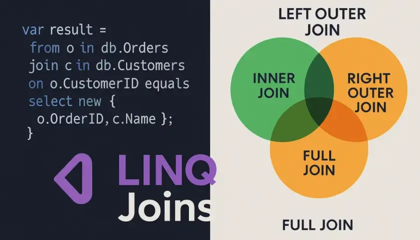 Kod C# demonstrujący LINQ join. Diagram przedstawia typy joinów: Inner, Left Outer, Right Outer i Full Join.