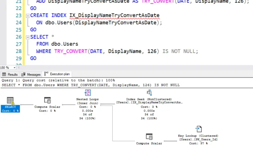 SQL Server TRY_CONVERT w zapytaniu i planie wykonania, tworzenie indeksu dla optymalizacji.