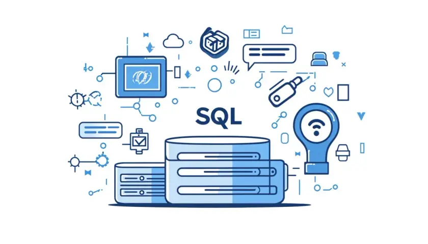 Baza danych SQL z ikonami symbolizującymi połączenie i aktualizację danych.