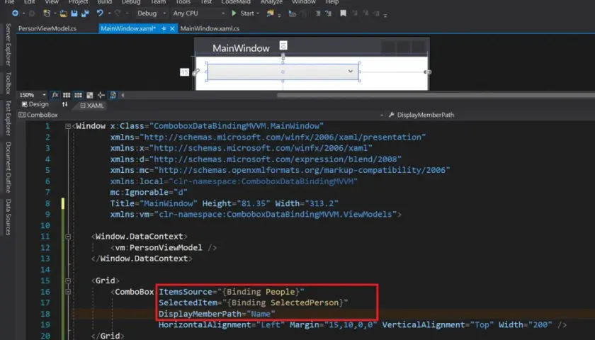Kod XAML z Visual Studio, pokazujący konfigurację combobox wpf z powiązaniem danych do listy "People" i wyświetlaniem właściwości "Name".