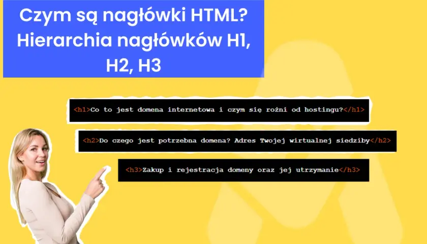 Kobieta wskazuje na nagłówki HTML: H1, H2, H3. Wyjaśnia hierarchię i zastosowanie nagłówków, np. do opisu domeny.