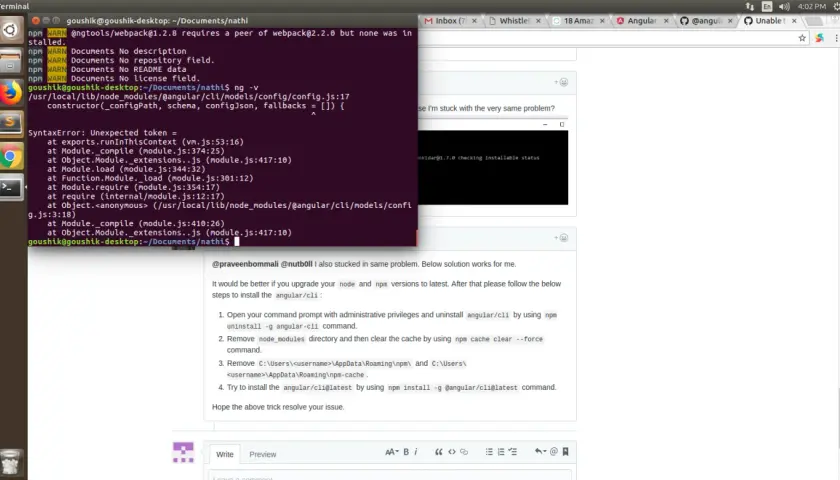 Błąd "ng command not found" w terminalu, po próbie uruchomienia ng -v. Widać też komunikaty npm i fragment dyskusji o rozwiązaniu problemu.