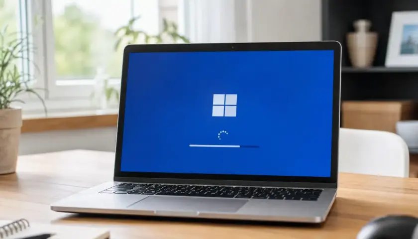 Laptop z niebieskim ekranem i logo Windows, postęp aktualizacji. Czekam na wsl update.