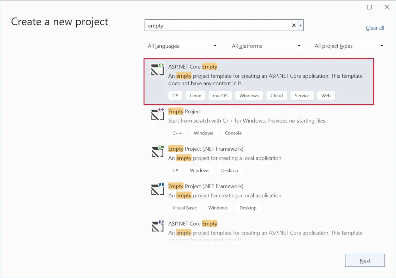 Szablon ASP.NET Core Empty do tworzenia aplikacji webowych. Idealny do rozpoczęcia projektu z minimal api.