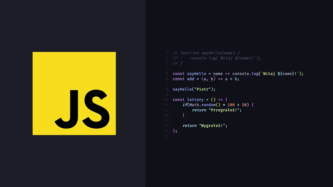 Logo JS obok kodu w języku javascript. Funkcja loterii w javascript case.