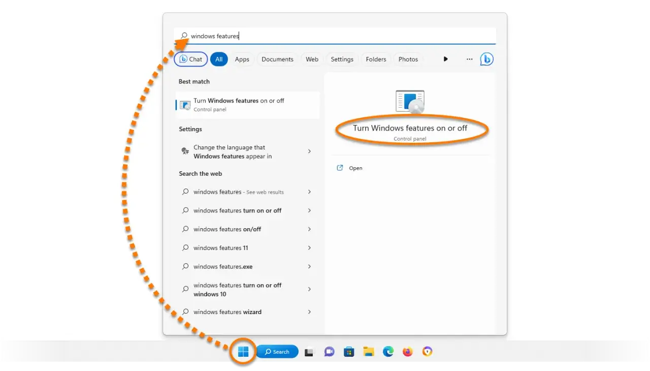 Wyszukiwanie funkcji Windows w systemie Windows 11. Wpisano "windows features", a system sugeruje "Turn Windows features on or off".