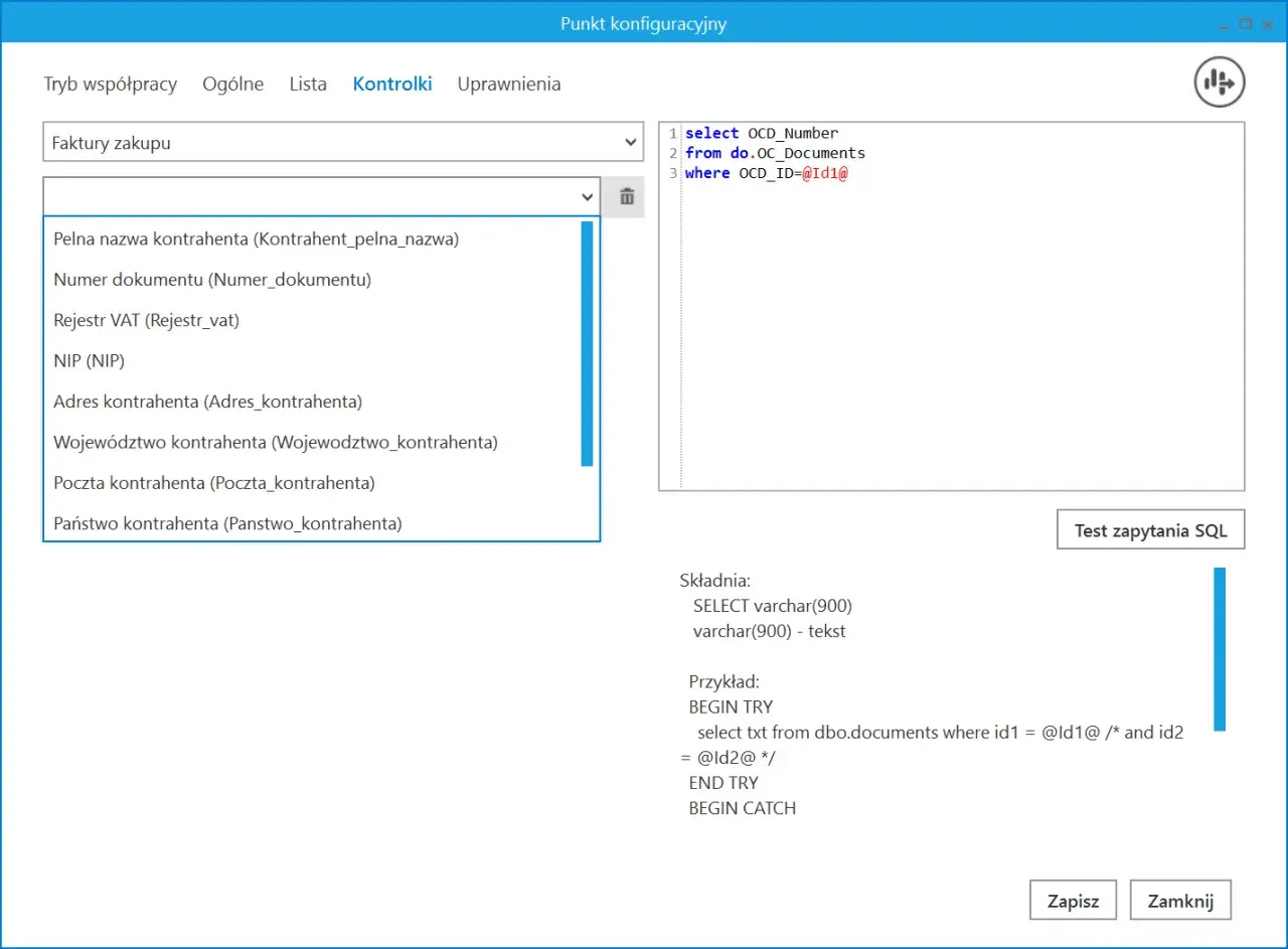 Interfejs programu z listą pól do wyboru, w tym "Pełna nazwa kontrahenta", i fragmentem kodu SQL z c# double question mark (@Id1@).