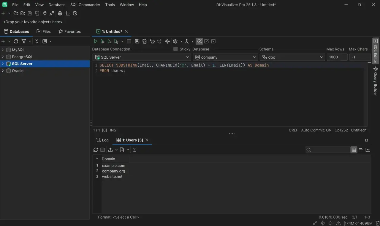 SQL Server: zapytanie z funkcją mssql substring do wyodrębnienia domeny z adresu email.