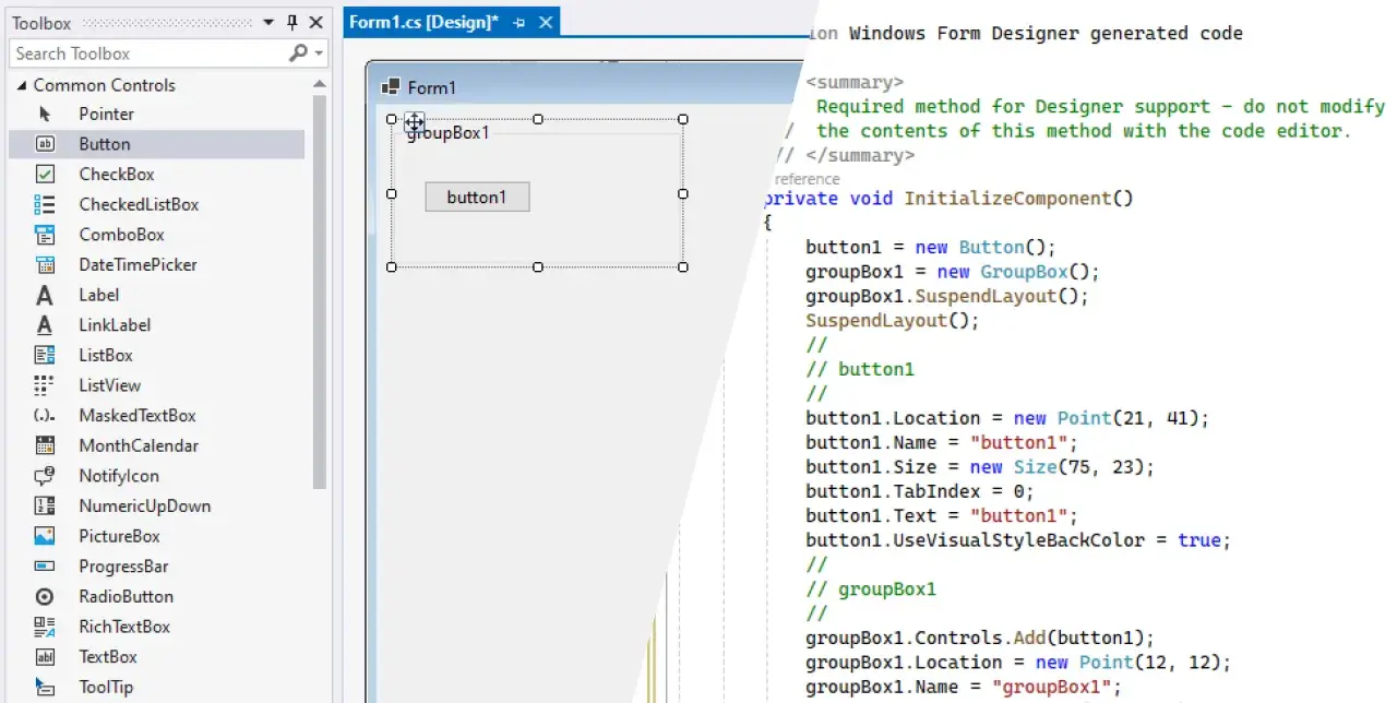 Widok projektanta w Visual Studio, gdzie dodawany jest przycisk do grupy kontrolek w ramach tworzenia aplikacji z użyciem **WinUI 3**.