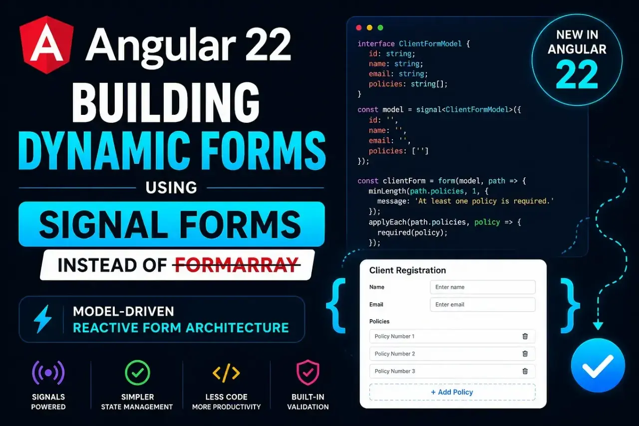 Angular 22: budowanie dynamicznych formularzy z użyciem Signal Forms zamiast FormArray. Kod pokazuje walidację pól.