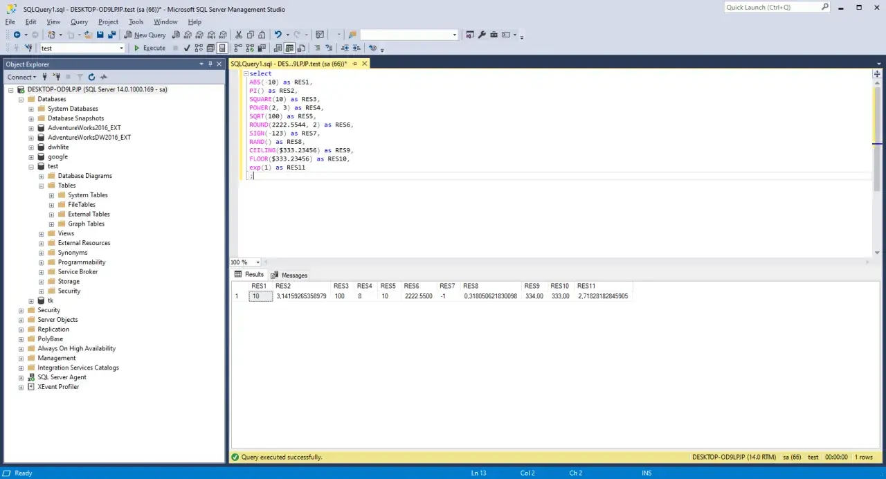 SQL Server Management Studio z zapytaniem SQL, które używa funkcji matematycznych, np. SQRT, ROUND, CEILING, FLOOR, EXP.