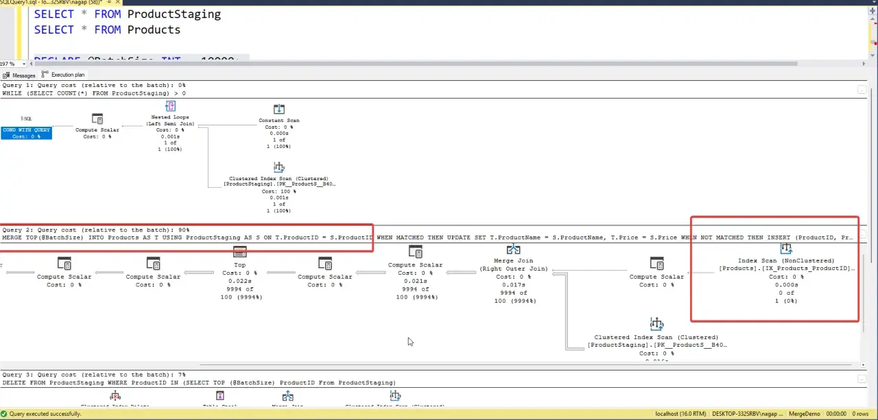 Plan zapytania SQL z operacją MERGE, która aktualizuje lub wstawia dane do tabeli Products na podstawie danych z ProductStaging.