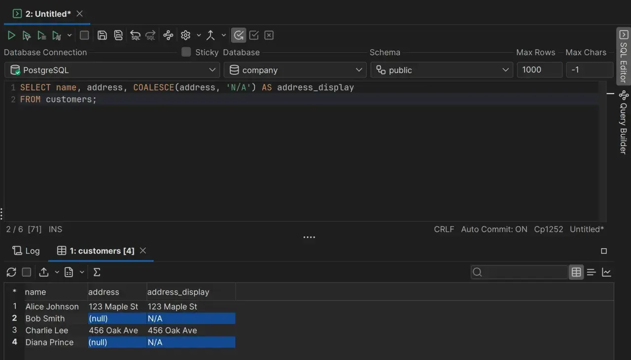 Zapytanie SQL w PostgreSQL używa COALESCE do wyświetlania 'N/A' zamiast pustych adresów.