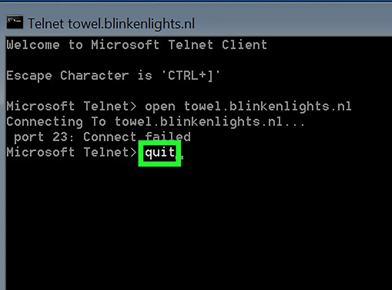 Okno klienta Telnet w systemie Windows, próba połączenia z towel.blinkenlights.nl zakończona niepowodzeniem, wpisano "quit".