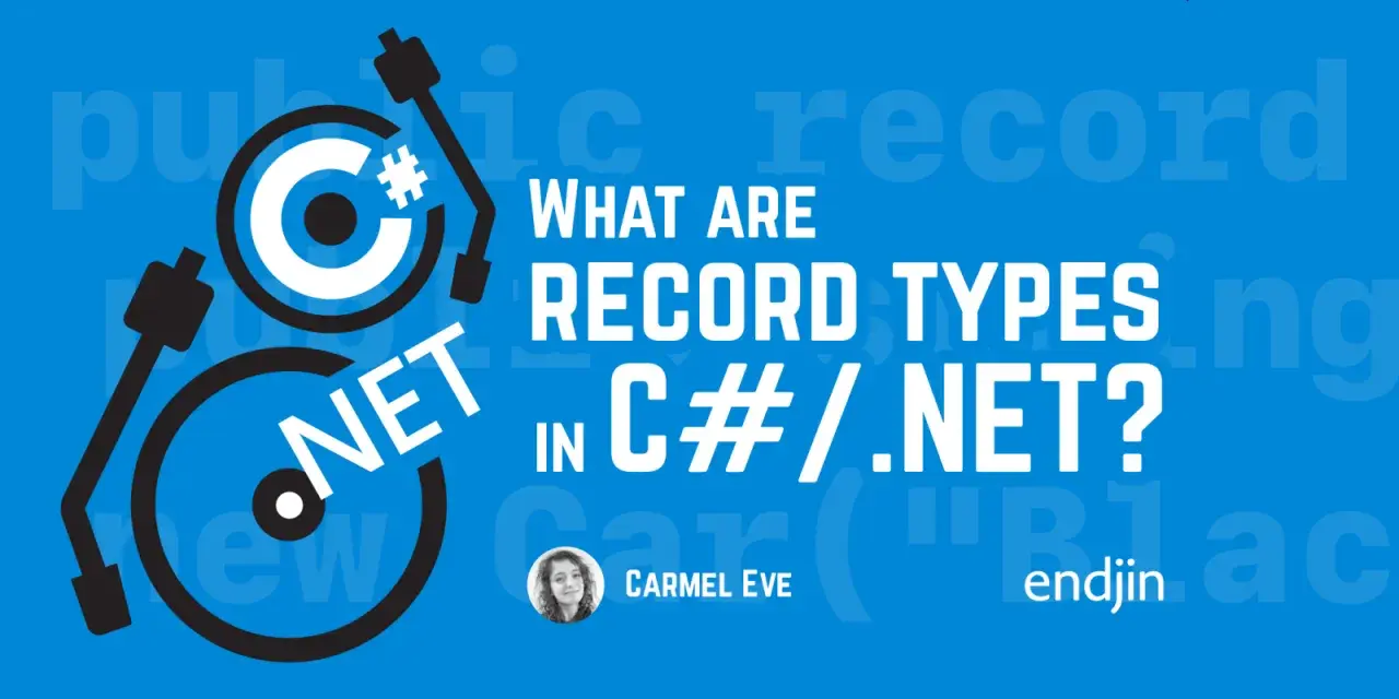 Grafika przedstawia pytanie "What are record types in C#/.NET?". Stylizowany symbol C# przypomina płytę winylową.