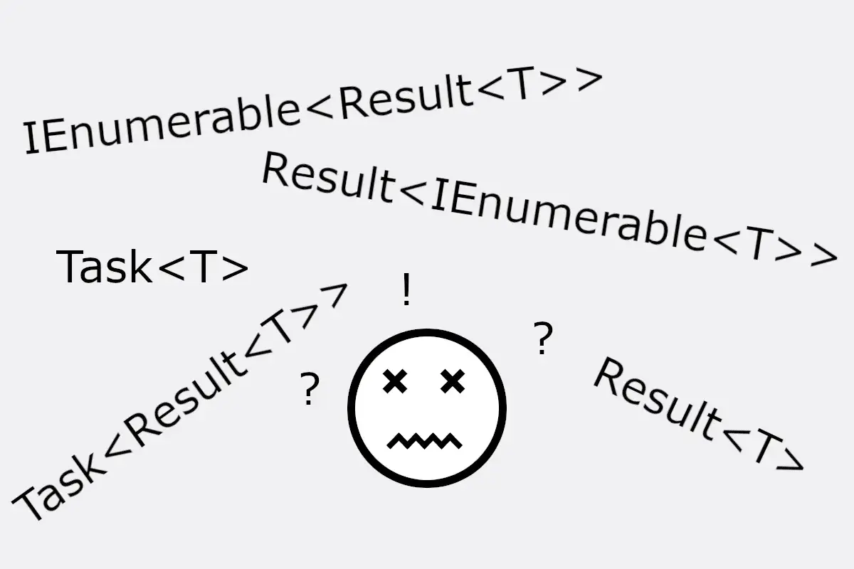 Programista C# zagubiony w zagnieżdżonych typach, jak `IEnumerable<Result<T>>` czy `Task<Result<T>>`.