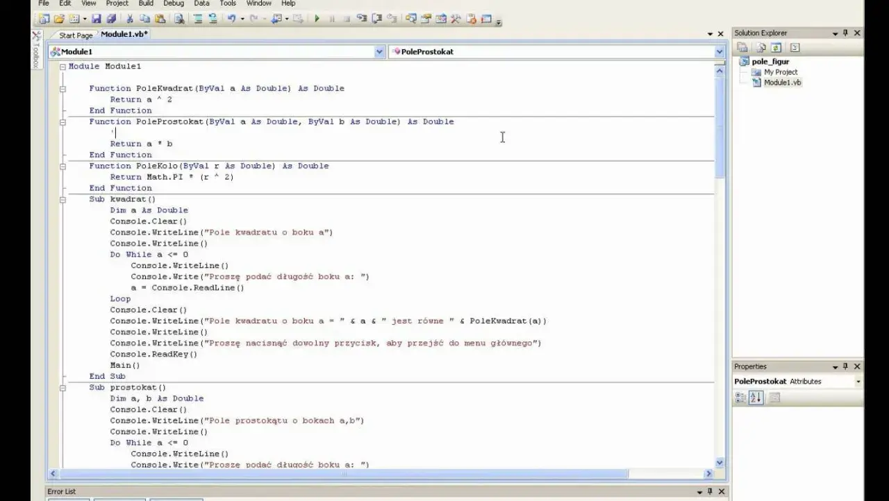 Kod w **Visual Basic** do obliczania pól figur. Widać funkcje dla kwadratu, prostokąta i koła.