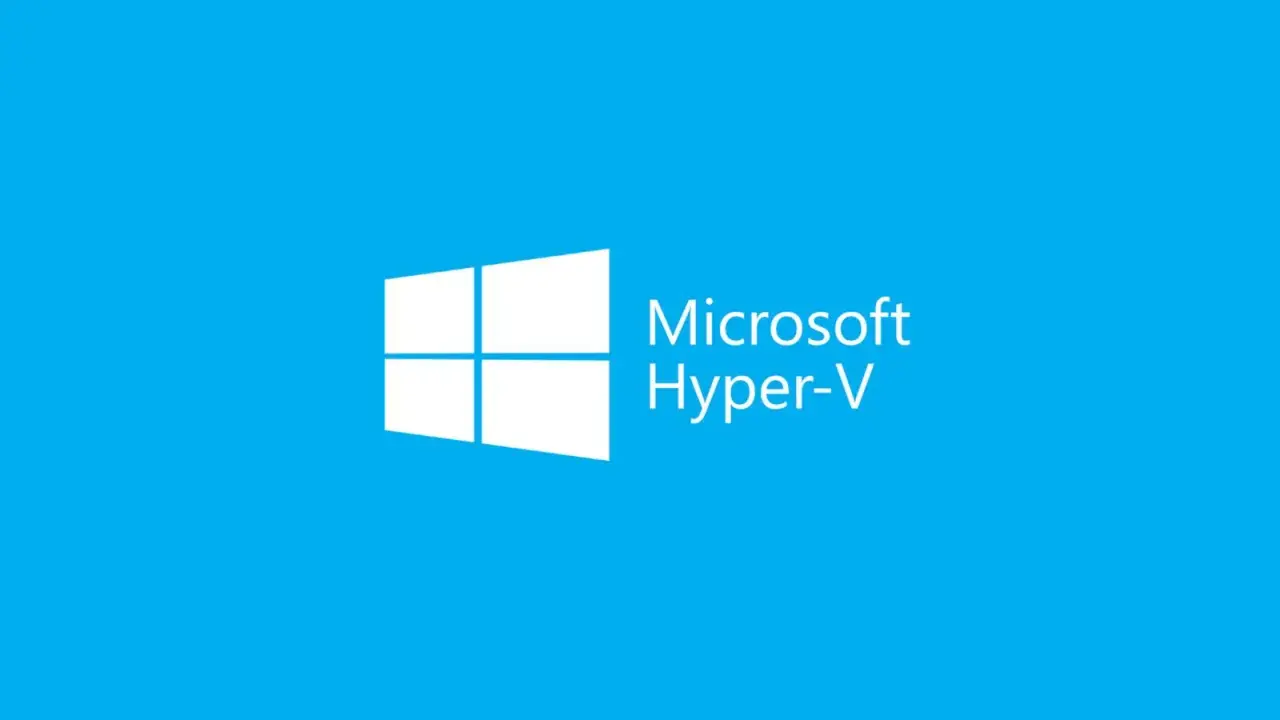 Logo Microsoft Hyper-V na niebieskim tle. Twórz wirtualne okna i światy.