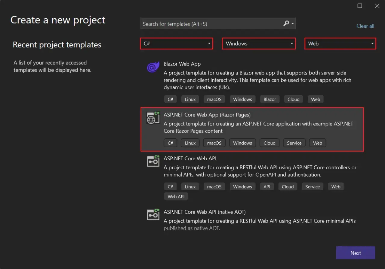 Tworzenie projektu ASP.NET Core Web App (Razor Pages) dla aplikacji webowych. Dostępne dla Windows i innych systemów.