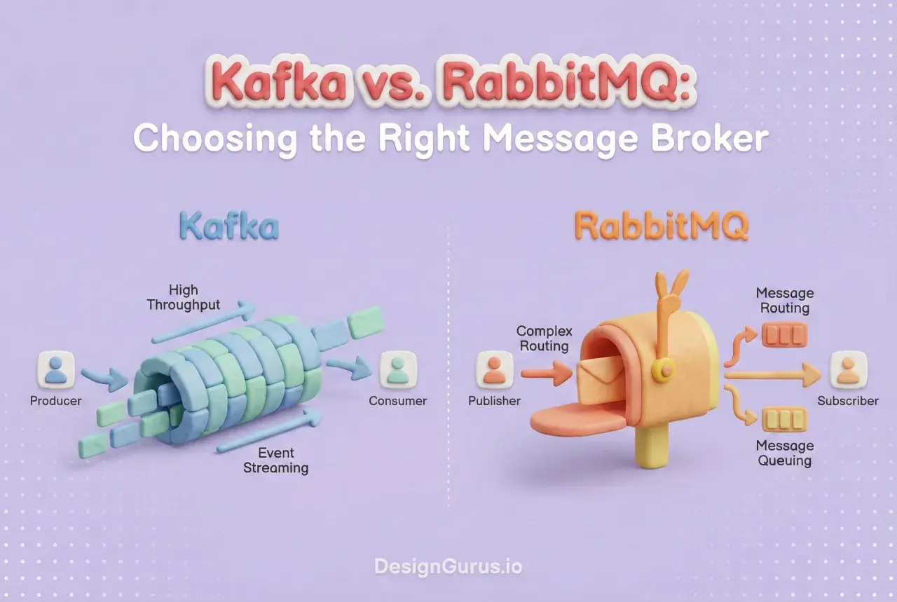 Porównanie Kafka vs. RabbitMQ: Kafka z potężnym strumieniem zdarzeń, RabbitMQ z pocztą i trasowaniem wiadomości.