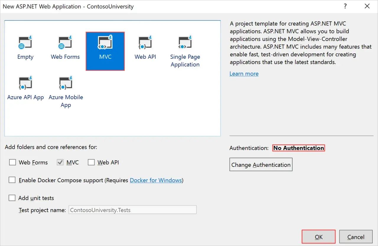 Tworzenie projektu ASP.NET MVC. Wybrano szablon MVC, który jest idealny do tworzenia aplikacji z użyciem Entity Framework Code First.