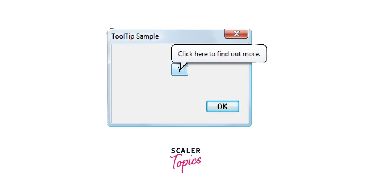 Okno dialogowe "ToolTip Sample" z przyciskiem "OK" i dymkiem podpowiedzi mui tooltip: "Click here to find out more.".