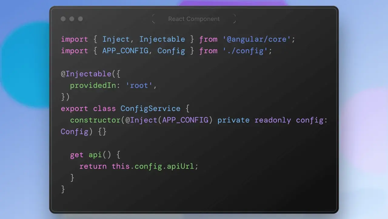 Kod Angular pokazujący, jak wstrzykiwać i używać angular environment variables w serwisie ConfigService.