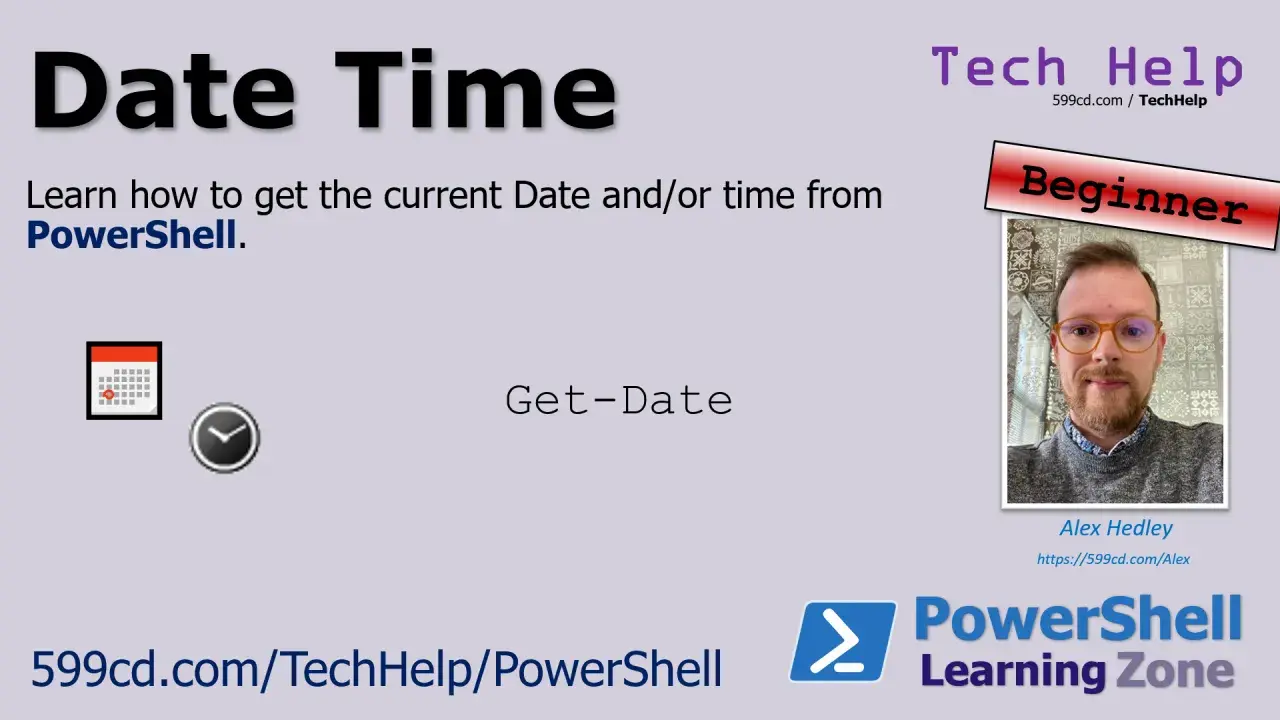 Ikona kalendarza i zegara obok tekstu "Get-Date" na tle grafiki z napisem "Date Time".