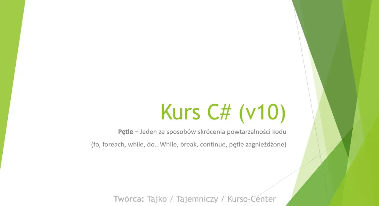 Kurs C# o pętlach, kluczowych w językach obiektowych, omawia sposoby skracania kodu, np. pętle for, foreach, while.