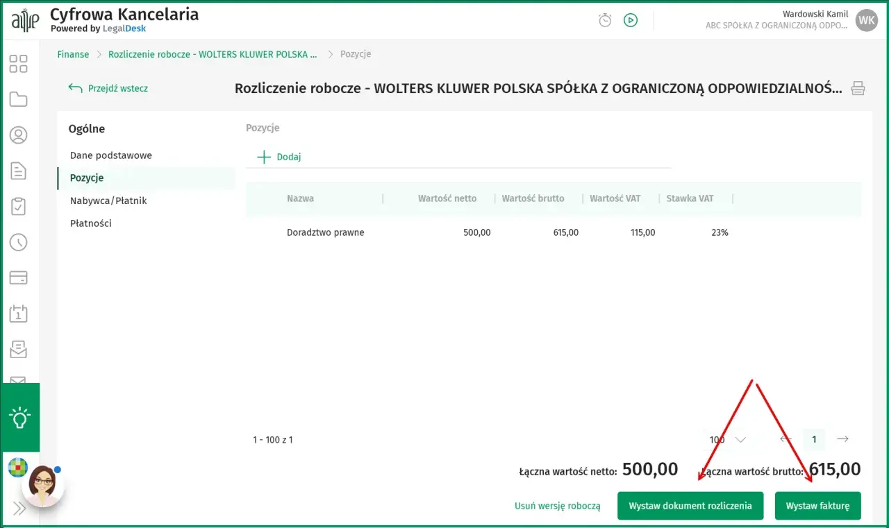 Widok aplikacji "Cyfrowa Kancelaria" z rozliczeniem roboczym. Na ekranie widać pozycje rozliczenia, w tym "Doradztwo prawne" z wartością netto 500,00 i brutto 615,00. W dolnej części ekranu widoczny jest przycisk "Wystaw dokument rozliczenia", który mo...