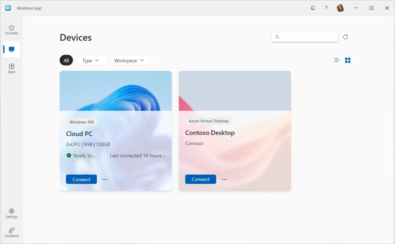 Aplikacja Windows App pokazuje Cloud PC i Contoso Desktop, dostępne przez Microsoft Remote Desktop na Macu.