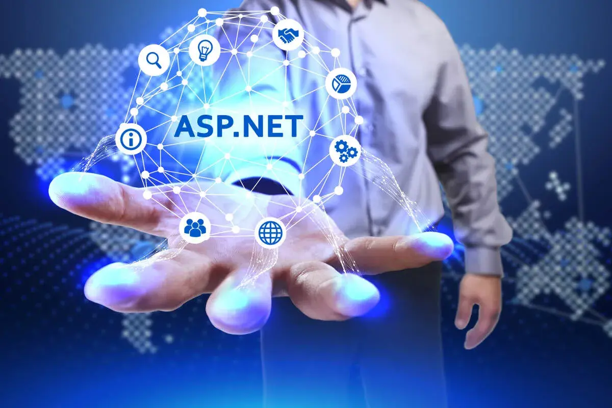 Dłoń trzyma sieć symboli, z napisem ASP.NET w centrum.