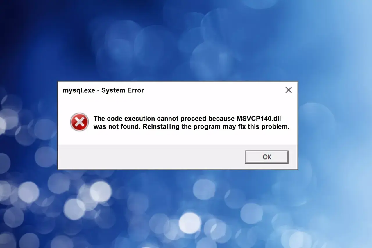 Błąd systemu mysql.exe: brak pliku MSVCP140.dll, który jest częścią biblioteki Microsoft Visual C++ Runtime Library.