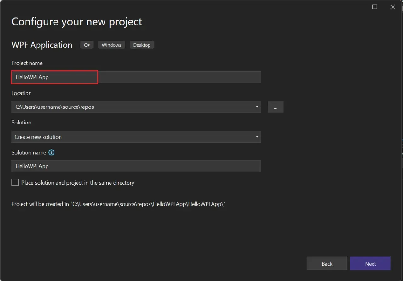 Konfiguracja projektu WPF. Nazwa projektu "HelloWPFApp" jest gotowa do rozpoczęcia wspaniałego wpf tutorial.
