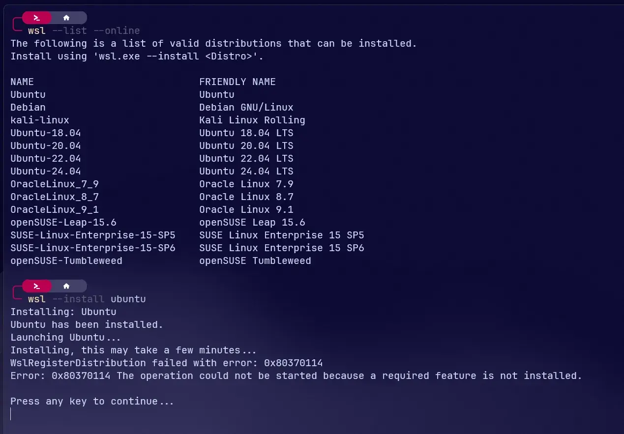 Próba instalacji Ubuntu przez WSL na Windows 11 zakończona błędem 0x80370114.