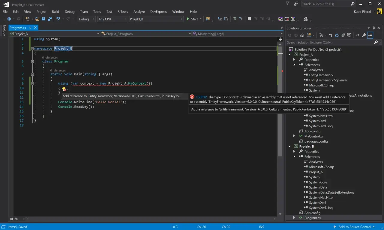 Błąd kompilacji CS0012: typ 'DbContext' zdefiniowany w nieodwołanym zestawie. Brak odwołania do EntityFramework.