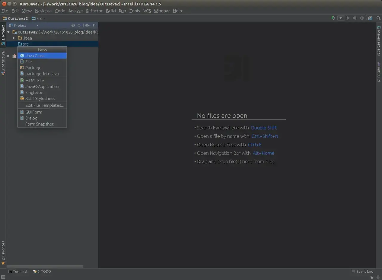 Menu kontekstowe w IntelliJ IDEA, gdzie można wybrać "Java Class" do stworzenia nowej klasy.