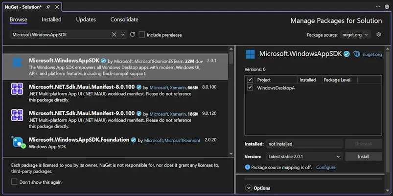 Zarządzanie pakietami NuGet dla rozwiązania, wyszukiwanie Microsoft.WindowsAppSDK.