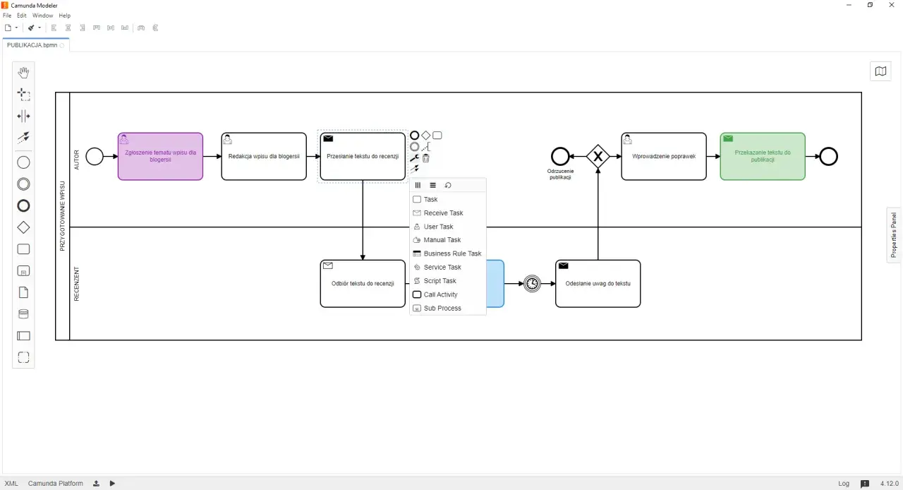 Proces bpmn: zgłoszenie tematu, redakcja, przesłanie do recenzji, odbiór tekstu, wprowadzenie poprawek, publikacja.
