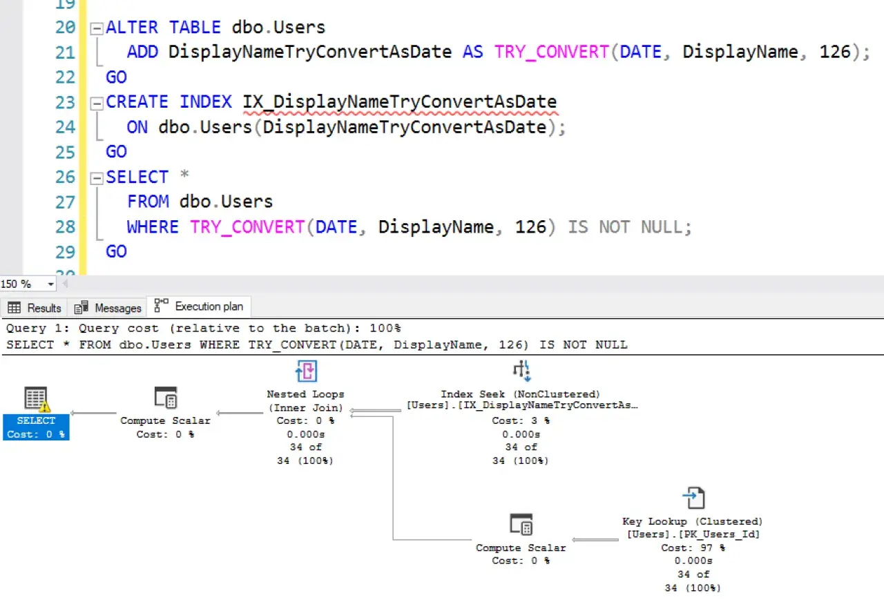 SQL Server TRY_CONVERT w zapytaniu i planie wykonania, tworzenie indeksu dla optymalizacji.